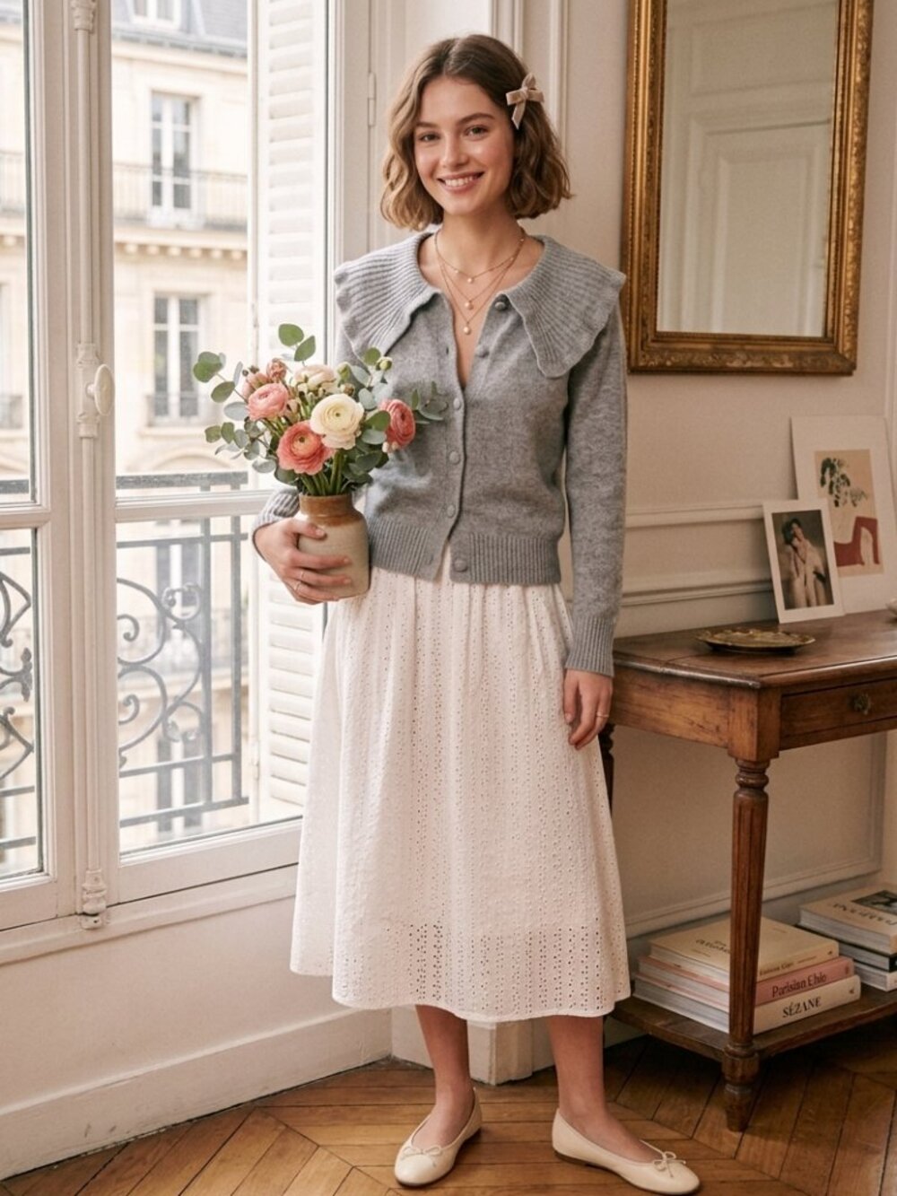Sincerely Jules Grey Ruffle Collar Cardigan Whimsy Twee Knit XS